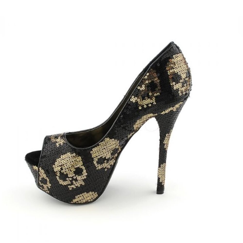 Shiekh Black and Gold Sequin Peep-Toe Heels